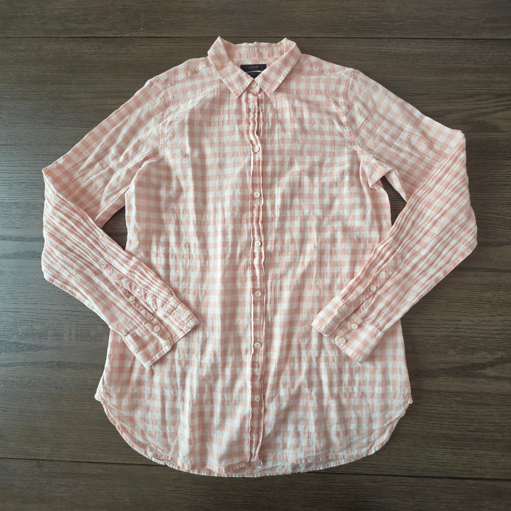 J.Crew Boy Gingham Button Down Shirt Peach White Size 6T Long Sleeve Cotton